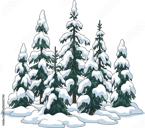 Create a kinds of deferent realistic Group of small spruce trees covered in thick snow vector art with white background..