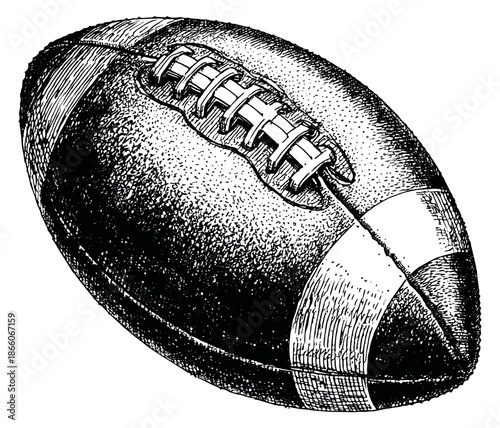 Hand drawn line art illustration of an American football depicting classic game equipment for sports events
