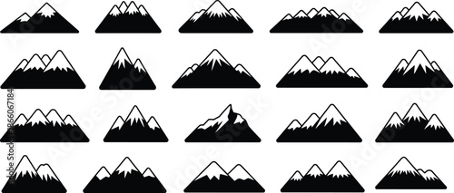 Mountain silhouette icon set with snowy peaks, black vector alpine landscape collection isolated on white background for travel, adventure branding, logos, apps, posters, and design
