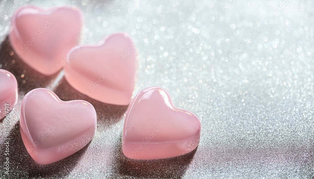 Obraz premium Valentine's day concept. Pale pink jelly 3D hearts on white glitter background with copy space 