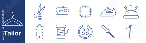 Tailor set icon. Scissors, machine, thread, fabric, iron, mannequin, button, needle, thimble, pins. Fashion, handmade, textile, design, clothing, tool.