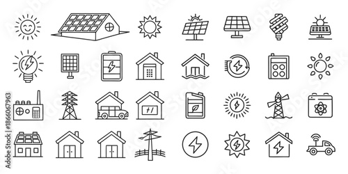 Solar panel and renewable energy line icon set, professional vector symbols for solar power, sun energy, and eco-friendly technology isolated on white background