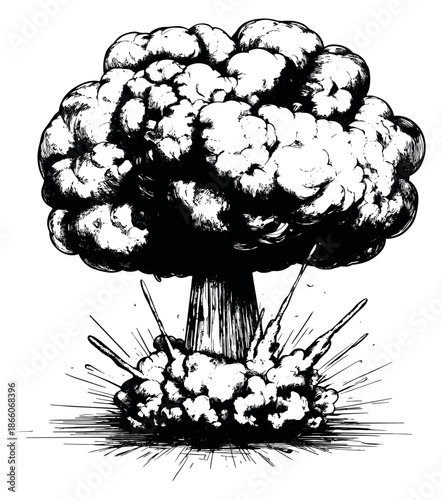 Hand drawn line art illustration of a mushroom cloud depicting an atomic explosion for war and destruction concepts