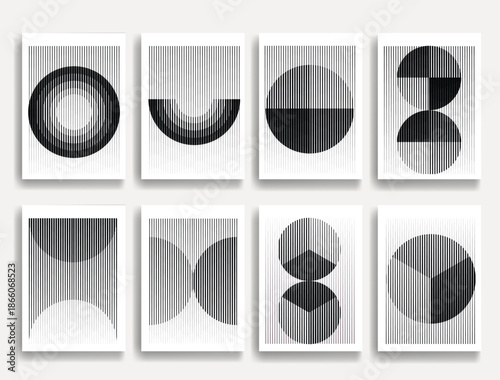 Geometric vector posters set with speed lines- modern geometric circles, semicircles , triangles pattern created with thick and bold dynamic lines for design. Shapes for posters and branding. 