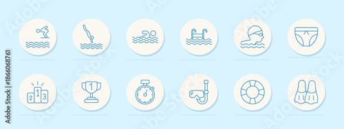 Swimming set icon. Circular outlined icons showing swimmers, pool, diving, trunks, stopwatch, trophy, podium, goggles, snorkel, flippers, and lifebuoy in aquatic theme