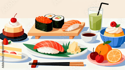 Sushi and desserts on a table