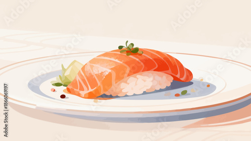 Salmon sushi on plate with garnish