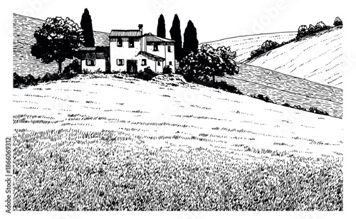 Hand drawn line art illustration of a rural landscape depicting a house on rolling hills for nature and travel