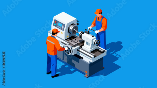 Two workers operating a lathe machine