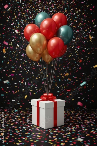 A vibrant and festive scene unfolds with a beautifully wrapped white gift box tied with a bright red ribbon and bow. A lively cluster of glossy balloons in striking shades of red, gold, and teal elega