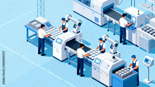 Factory workers operating machinery