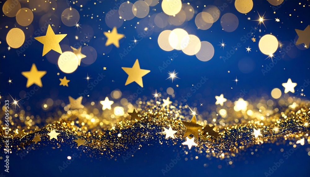 Fototapeta premium Sparkling gold stars and glitter create a festive abstract background on deep blue with bokeh lights.