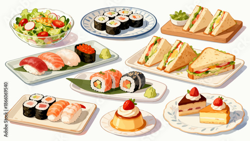 Assorted food dishes on plates