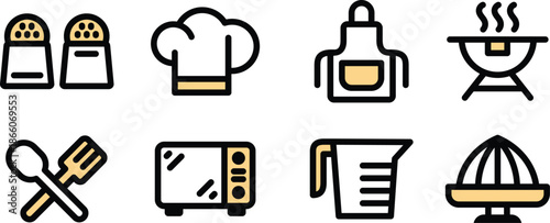 Modern Vector Icon Pack Kitchen tool set, cutting board, measuring cups, spoons for Web Design and User Interfaces