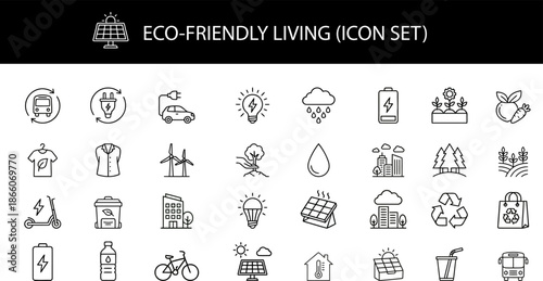 Eco friendly living icons set for sustainable lifestyle and environmental conservation
