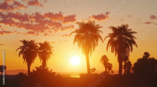 Silhouetted Palm Trees Against a Fiery Sunset Sky with Clouds and Sun