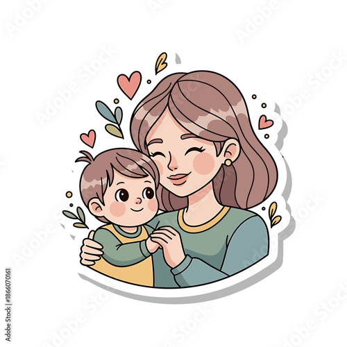 Heartwarming cartoon sticker of a loving mother embracing her happy child, symbolizing pure family joy and the special maternal bond between them