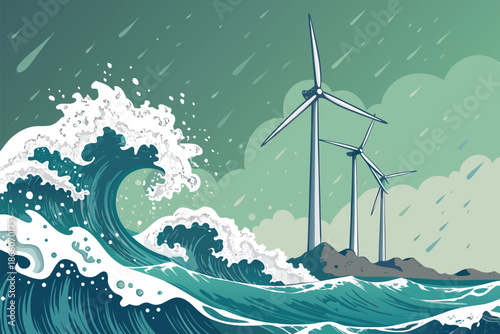 Offshore Wind Turbines Rough Sea Bac