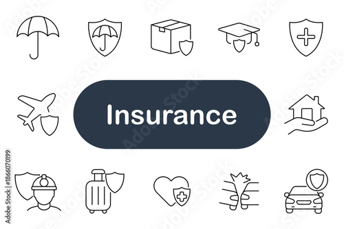 Insurance set icon. Umbrella, shield, box, graduation cap, plane, house, worker, luggage, heart, spine, car, protection, health, travel, safety, coverage, risk, service, finance, care