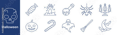 Halloween set icon. Candy, hand, potion, spider, candle, pumpkin, cane, ghost, broom, moon. Spooky, costume, witch, horror, night, trick, treat, party, magic, scare.