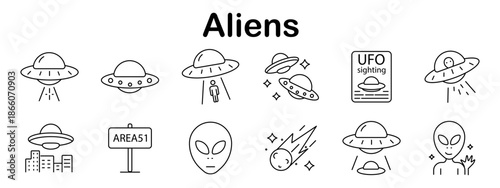 Aliens set icon. Line style elements showing flying saucers, aliens, space city, shooting star, Area 51, and UFO sightings in extraterrestrial theme