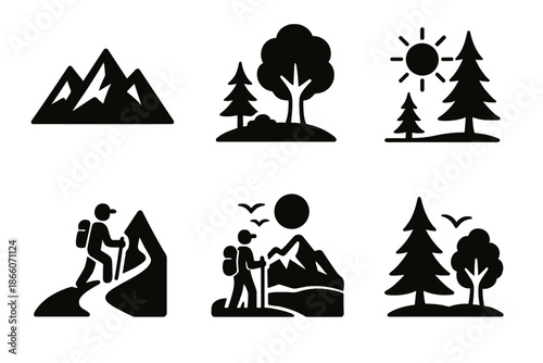 Outdoor adventure icons: hiking, nature, and mountain silhouettes collection