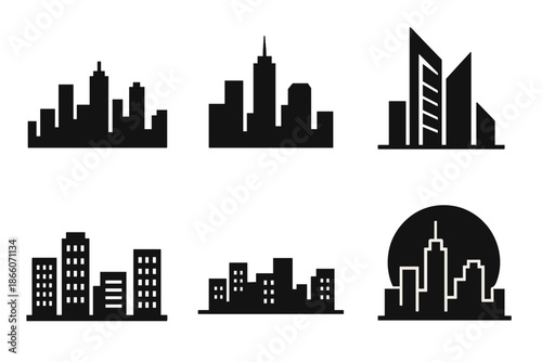 Urban skyline silhouette icons: cityscape collection