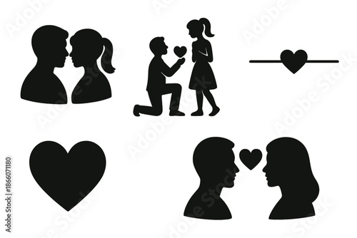 Romantic silhouettes: couples in love and heart icons
