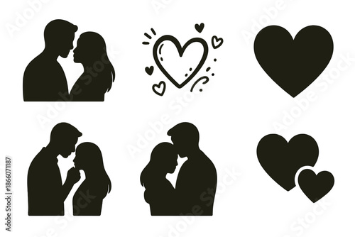 Romantic silhouettes and heart icons featuring couples in various love poses