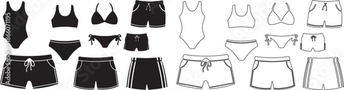 Vector Collection of Swimwear, Bikini, One-Piece Swimsuit, and Board Shorts in Black and Outline Styles isolated PNG with Transparent Background