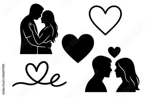 Silhouette couple in love with hearts and romantic symbols