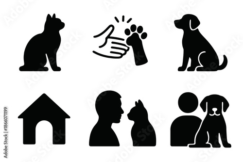 Pet silhouettes: dogs, cats, paw, handshake, house, companionship