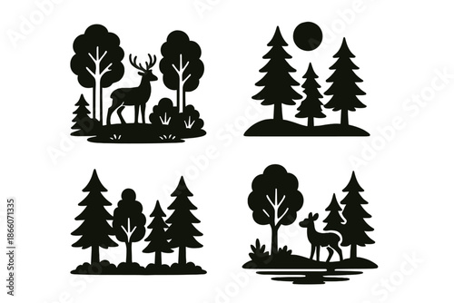 Monochrome forest scenes with deer and trees in silhouetted nature illustrations