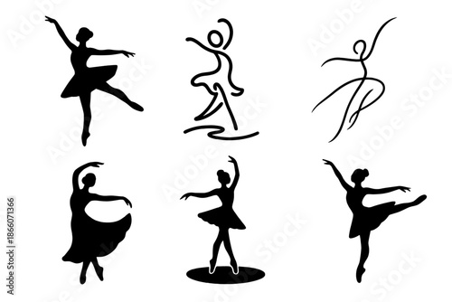 Silhouette dance: graceful ballet and dance poses in black and white