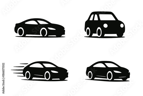 Set of four silhouette car icons: compact and sports models