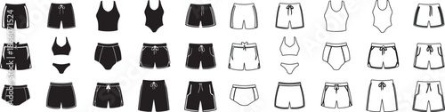 Set of Various Swimwear, Shorts, and Underwear Vector Graphics, Black Fill and Outline Icons isolated PNG with Transparent Background