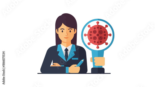 Businesswoman holding magnifying glass with virus icon, concept of research and analysis