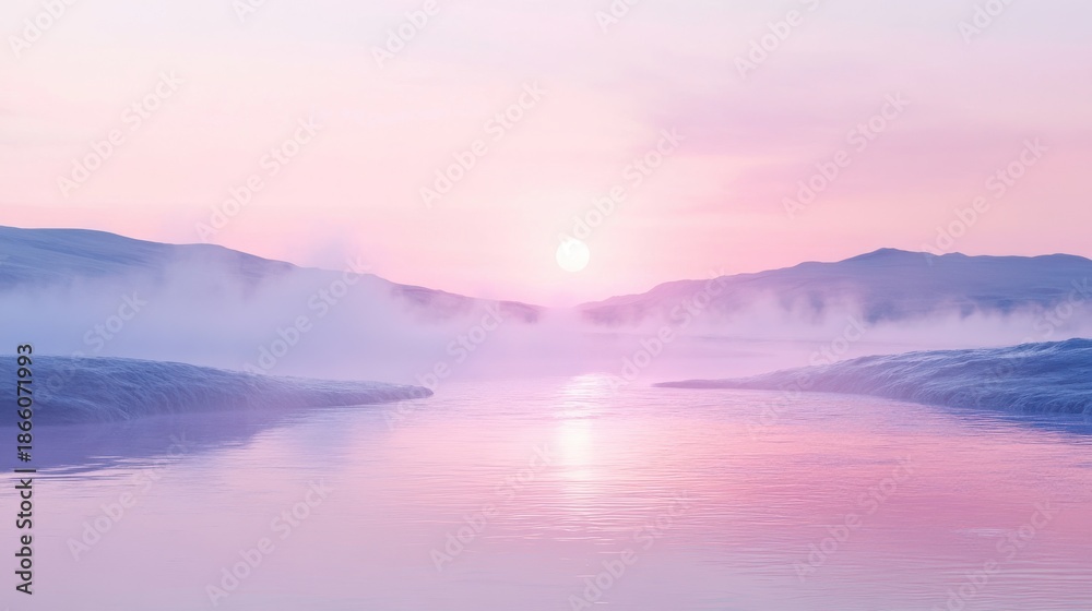 Fototapeta premium Serene Pink and Purple Landscape with Misty Mountains and Calm Water