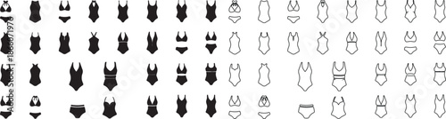 Set of black swimsuit icons. Collection of swimwear, bikini, and one-piece bathing suit symbols in solid and outline styles. isolated PNG with Transparent Background