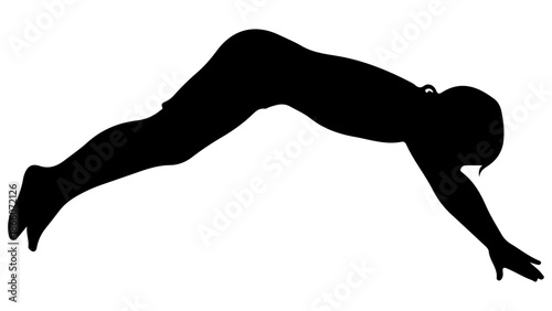 Child diving silhouette. Little girl jumping into water or performing a diving start. Black vector illustration of swimming activity isolated on white.