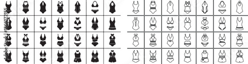 Swimwear Icons Set, Swimsuit and Bikini Glyph and Outline Style Vector Collection isolated PNG with Transparent Background