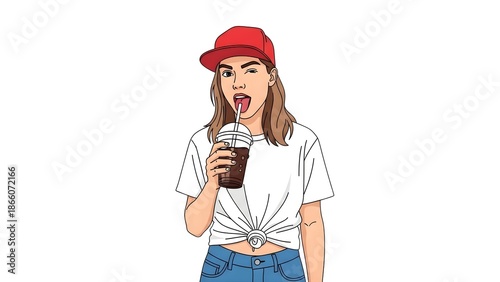 A fashionable young woman wearing a red baseball cap and a tied white t-shirt, happily enjoying a cold beverage with a straw. on transparent background