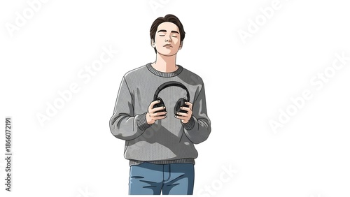 A serene young man with closed eyes holding black over-ear headphones, deeply engrossed in a peaceful moment of contemplation. on transparent background