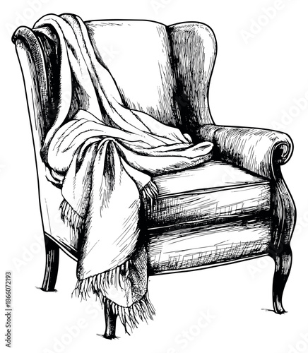 Hand drawn line art illustration of an armchair depicting a blanket draped over it for cozy home decor