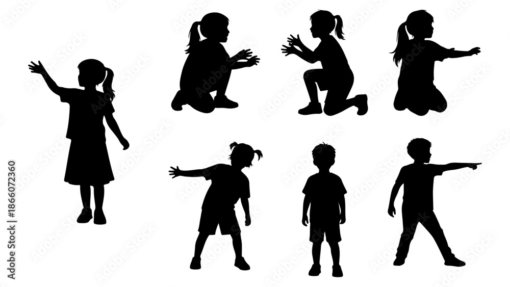 Obraz premium Children playing silhouettes set. Little boys and girls sitting, kneeling, pointing, and reaching out. Black vector illustration of active kids.