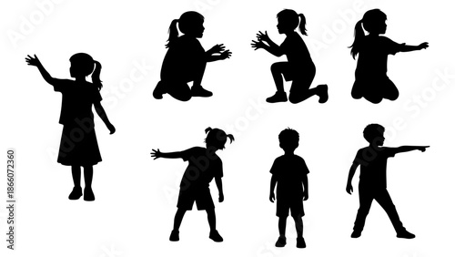 Children playing silhouettes set. Little boys and girls sitting, kneeling, pointing, and reaching out. Black vector illustration of active kids.