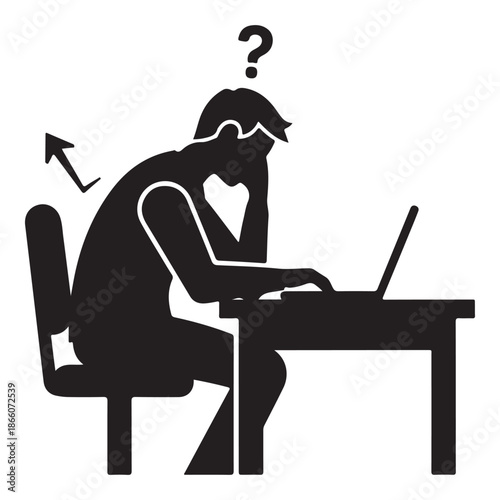 Overworked Freelancer Sitting at Desk with Laptop and Career Confusion Concept
