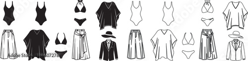 Set of Women's Swimwear and Summer Fashion Clothing Vector Outlines and Black Silhouettes isolated PNG with Transparent Background