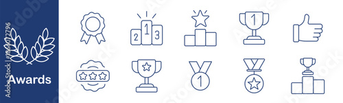 Awards set icon. Trophy, podium, ribbon, badge, medal, thumb, cup, rank, certificate, first place, reward, achievement, celebration, success, vote.