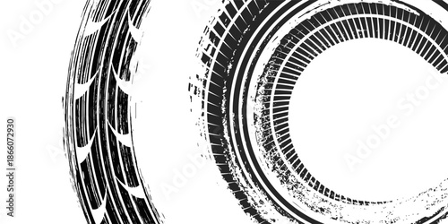 Tire track. Car, bike, motorcycle tyre mark with grunge effect isolated on white background. vector background